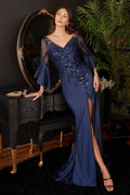 Long Bell Sleeve Lace & Satin Evening Gown