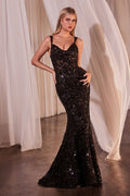 Fitted Sequin Evening Dress with Velvet Details