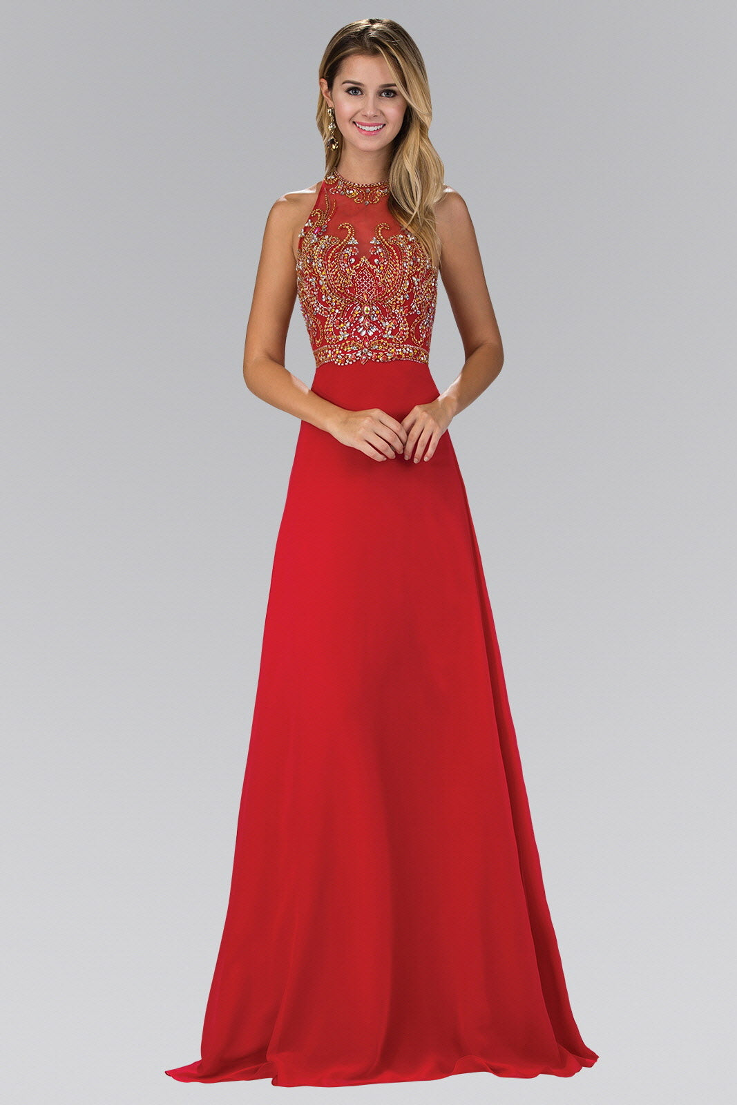 Jewel & Bead Embellished Long Formal Dress with Back Cut-Out