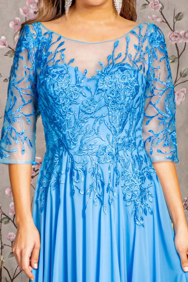 Bead Embroidery Chiffon A-Line Gown – Sheer Neckline & V-Back